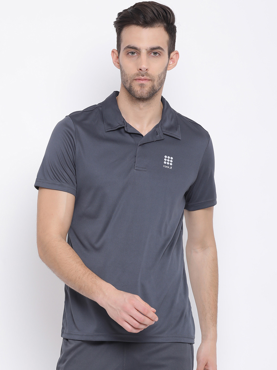 

rock.it Men Grey Solid Polo Collar T-shirt