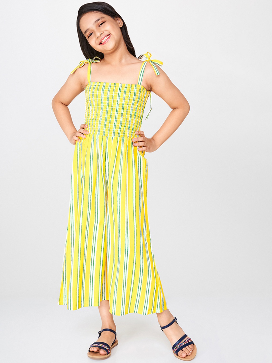 

Global Desi Girls Yellow & Blue Striped Basic Jumpsuit