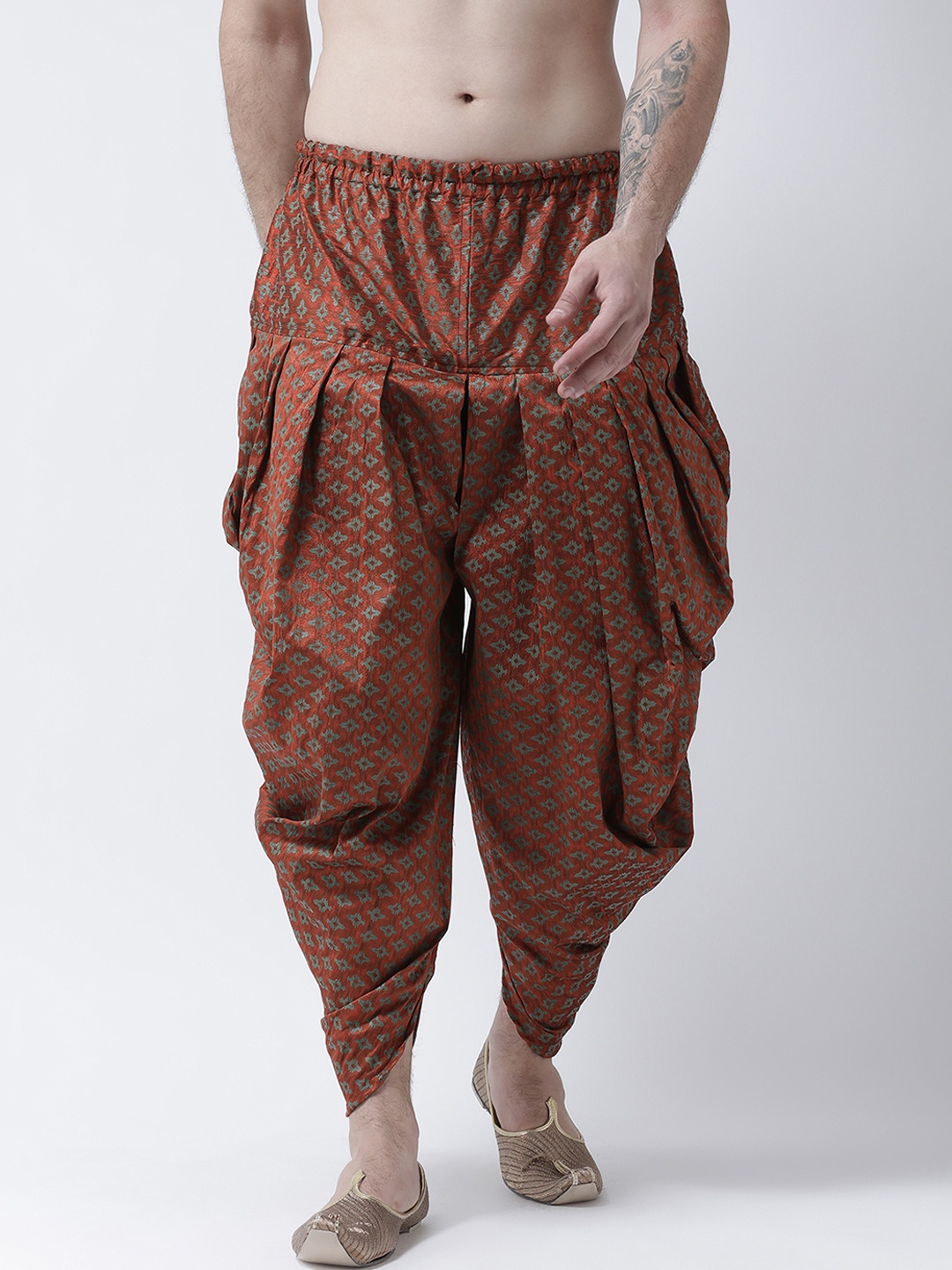 

DEYANN Men Rust Orange & Green Printed Dupion Silk Dhoti
