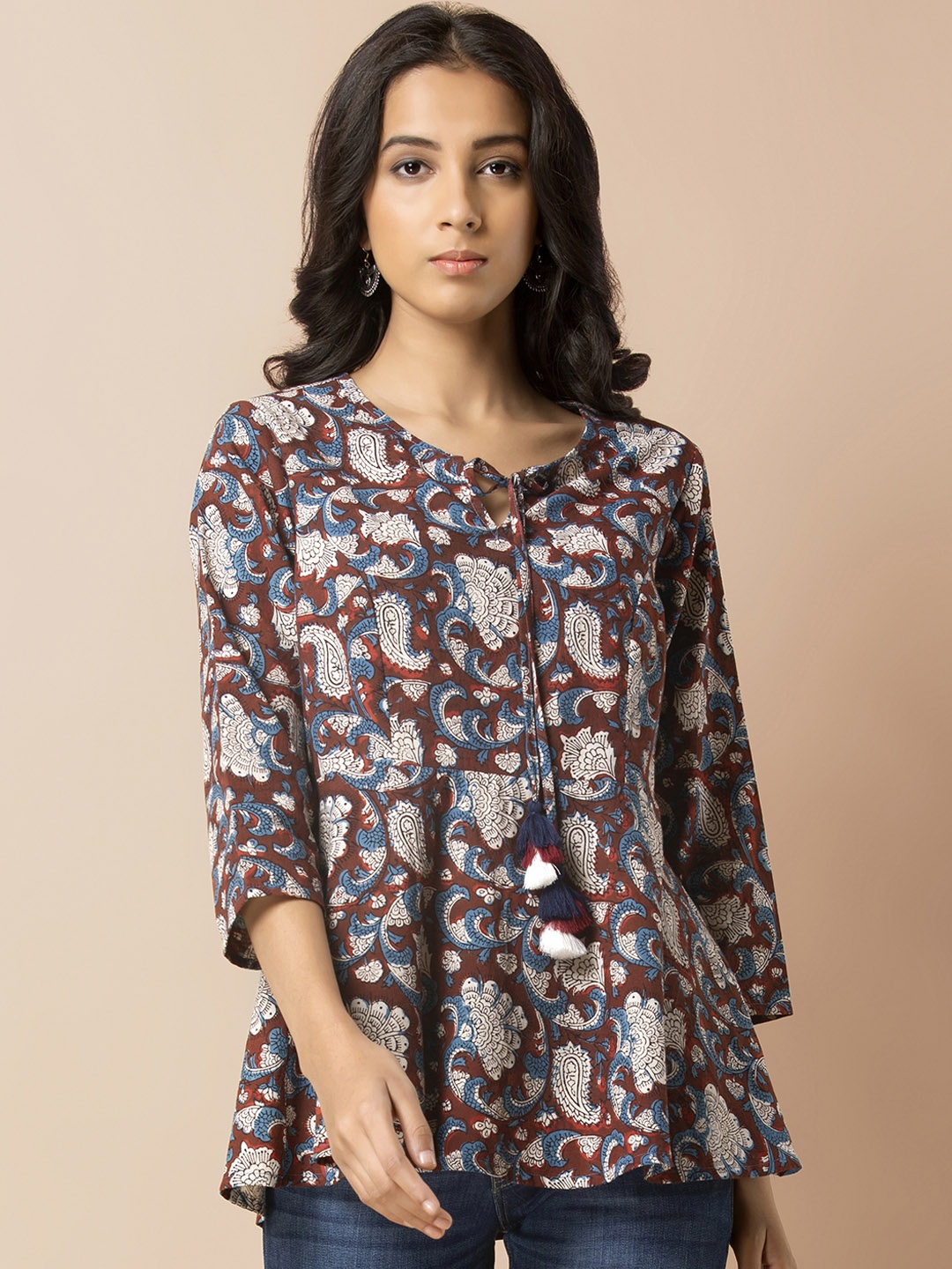 

INDYA Women Brown & Off-White Printed A-Line Pure Cotton Top