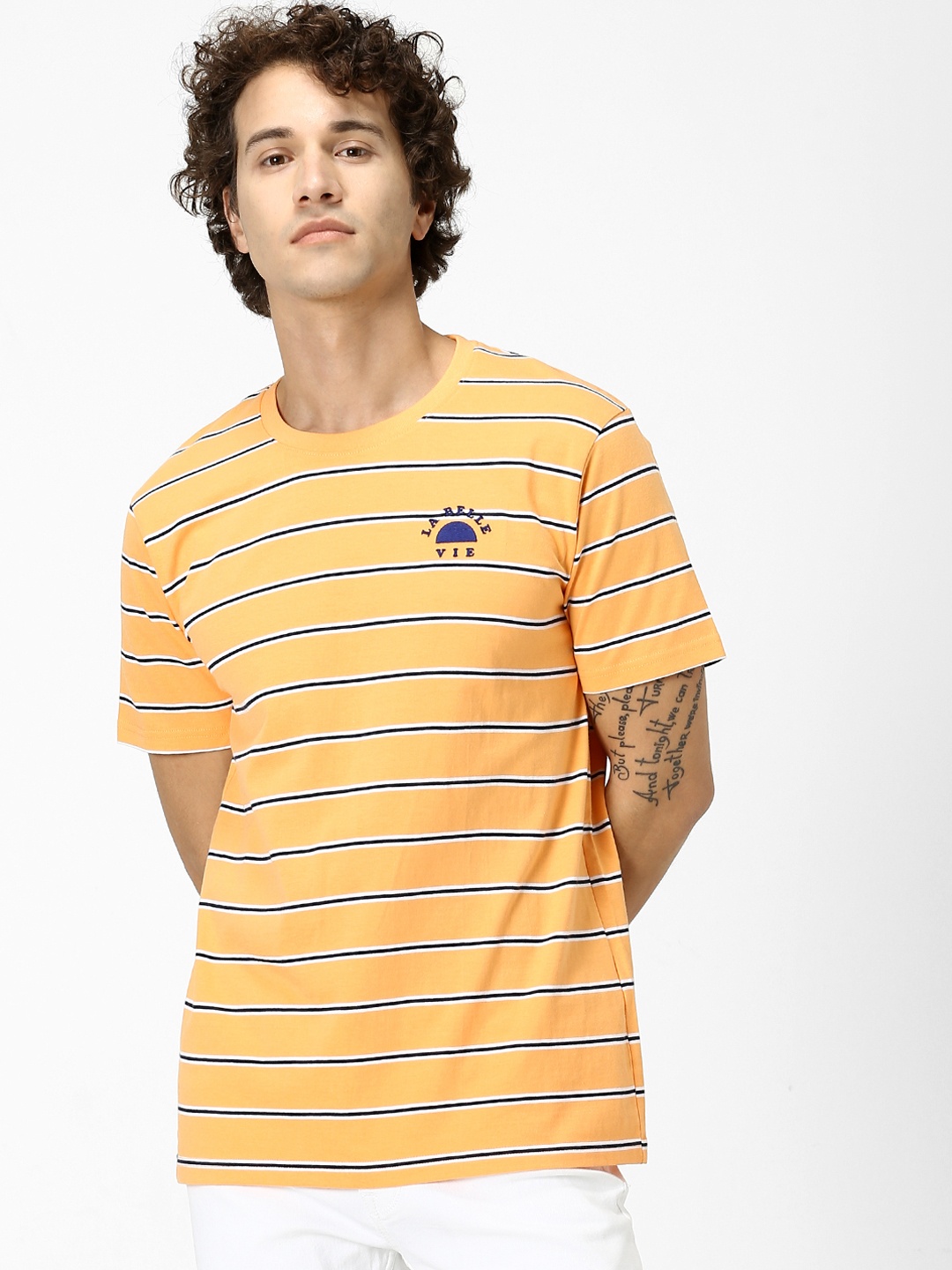 

Celio Men Orange Navy Blue Striped Round Neck Pure Cotton T-shirt