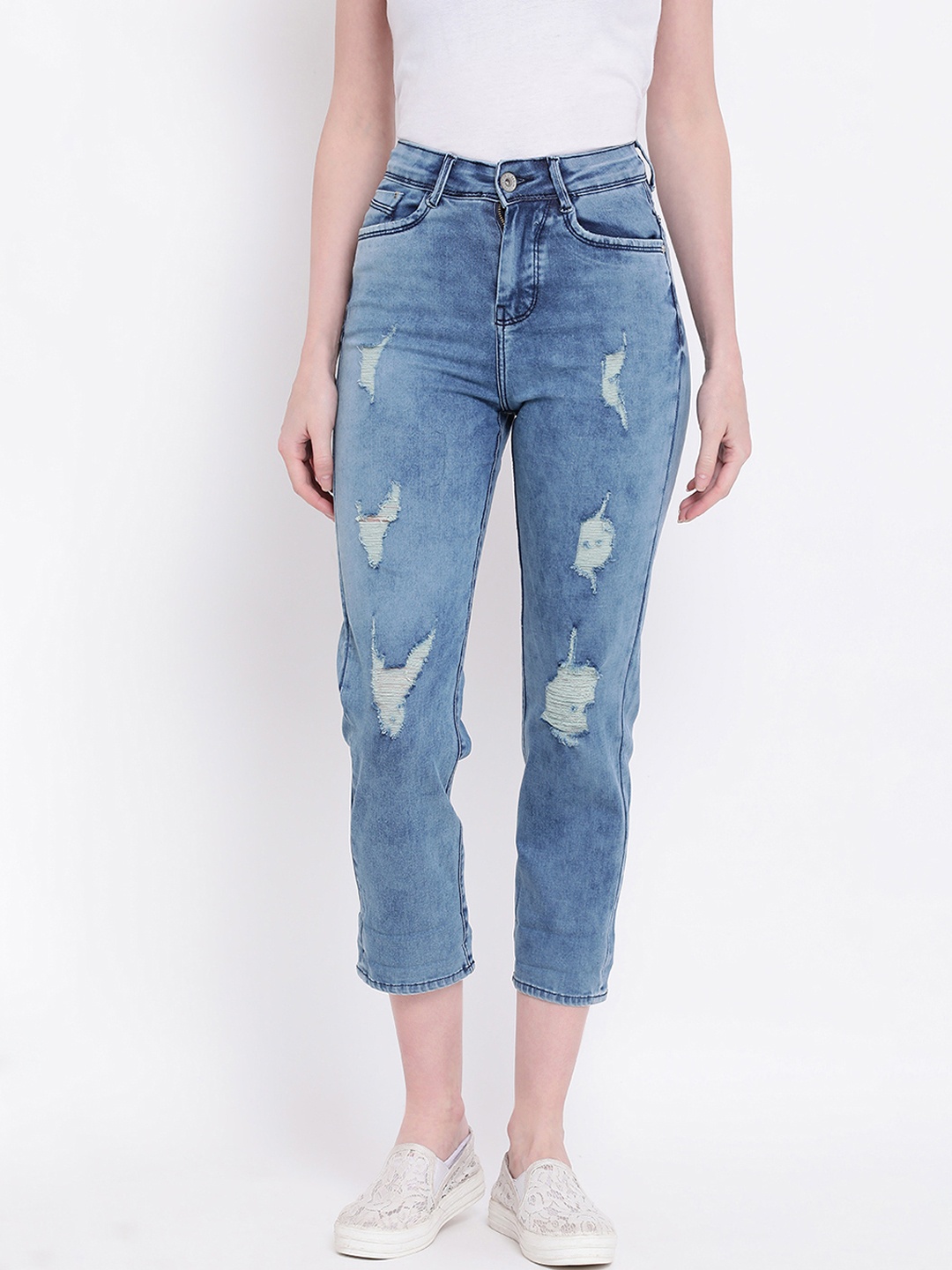 

Code 61 Women Blue Boyfriend Fit High-Rise Mildly Distressed Jeans