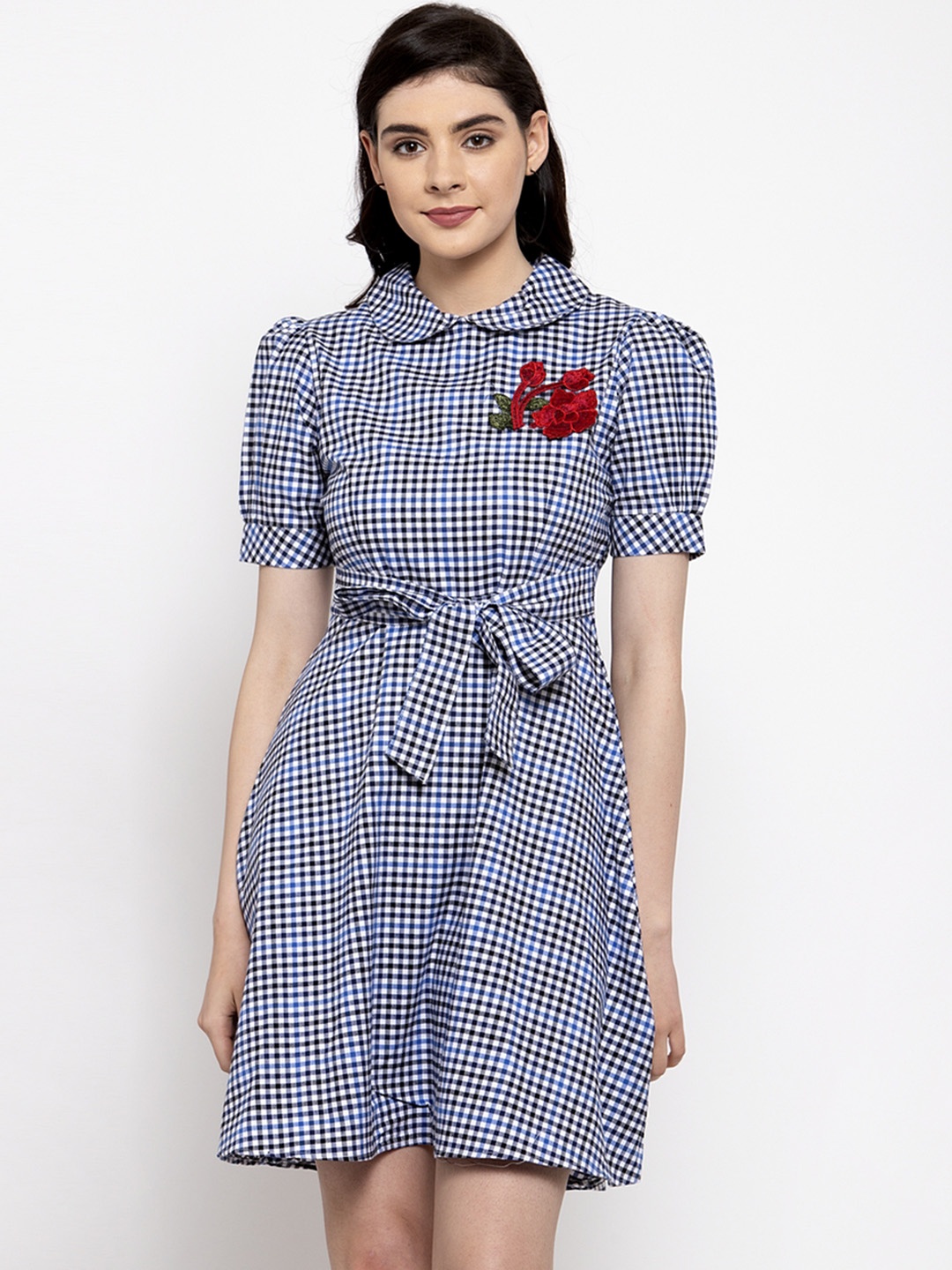 

armure Women White & Black Checked Fit and Flare Dress