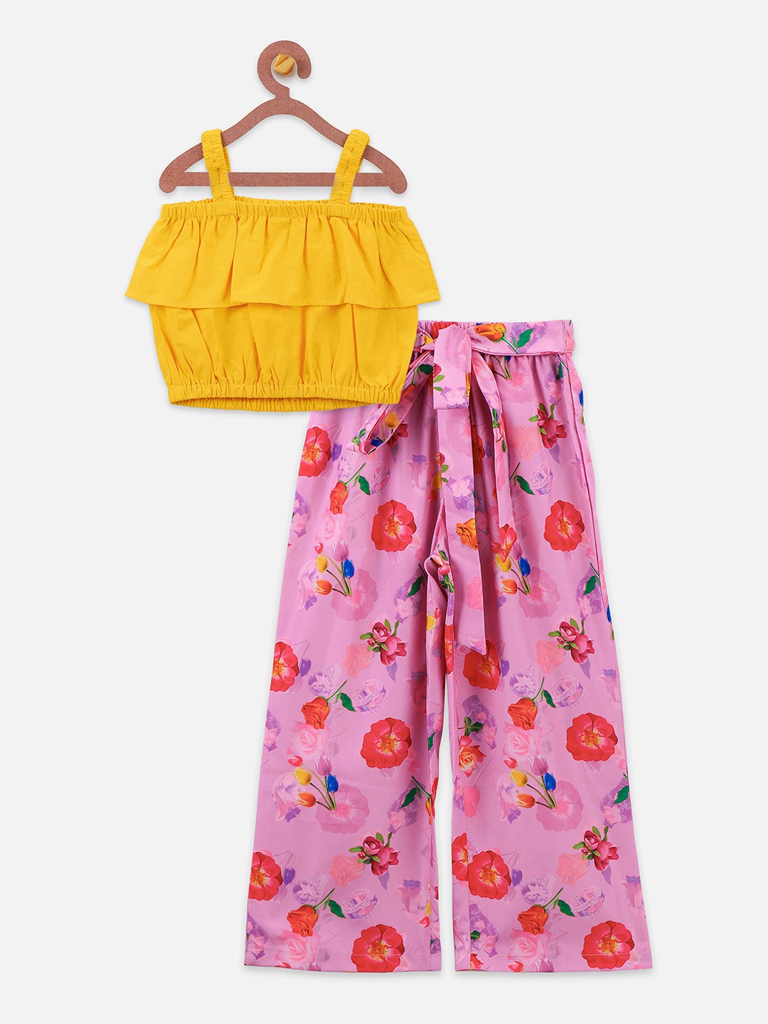 

LilPicks Girls Pink & Yellow Solid Top with Palazzos