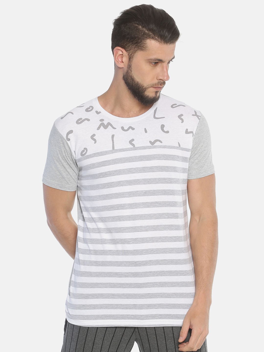 

Masculino Latino Men White Grey Melange Striped Round Neck Pure Cotton T-shirt