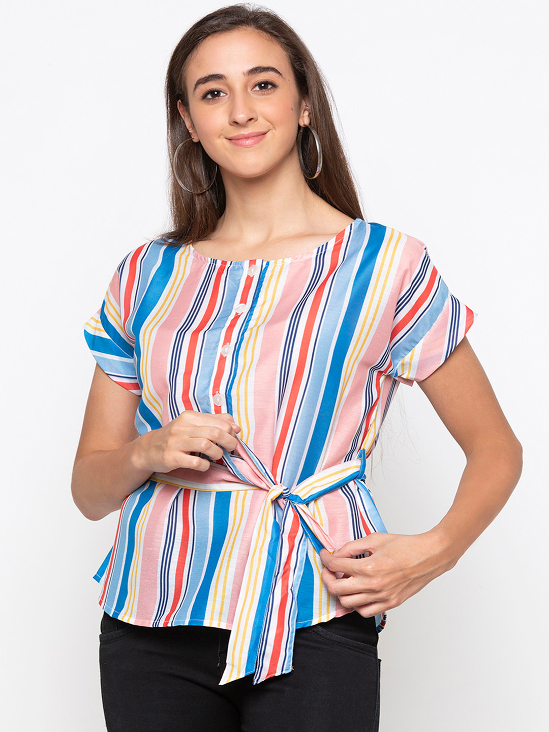 

Globus Women Multicoloured Striped Shirt Style Pure Cotton Top, Multi