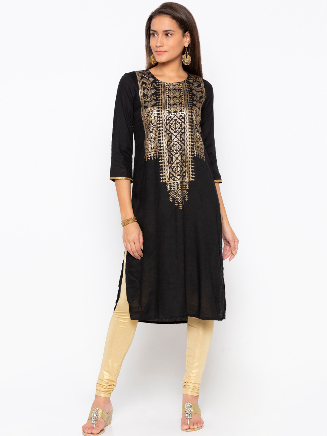 

Globus Women Black & Gold-Coloured Printed Straight Kurta