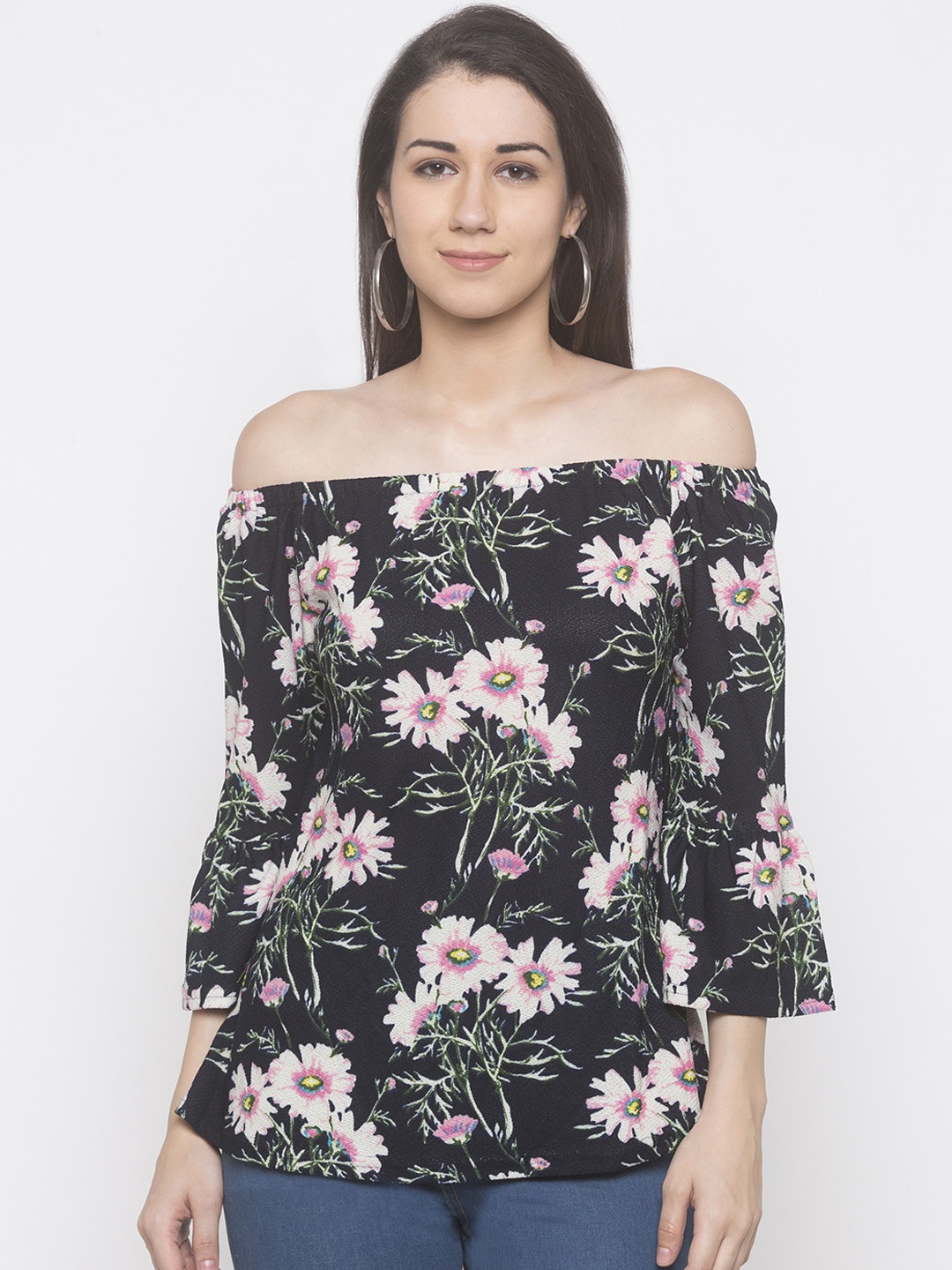 

Globus Women Black & Pink Printed Bardot Top