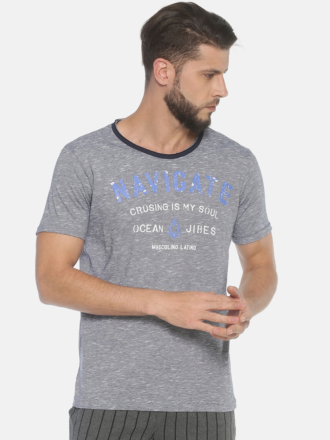 Masculino Latino Men Black Printed Round Neck Pure Cotton T-shirt