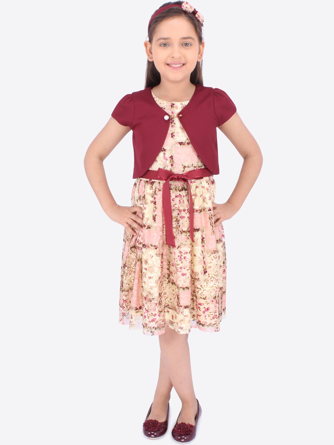 

CUTECUMBER Girls Maroon & Cream-Coloured Printed Fit and Flare Dress with Jacket