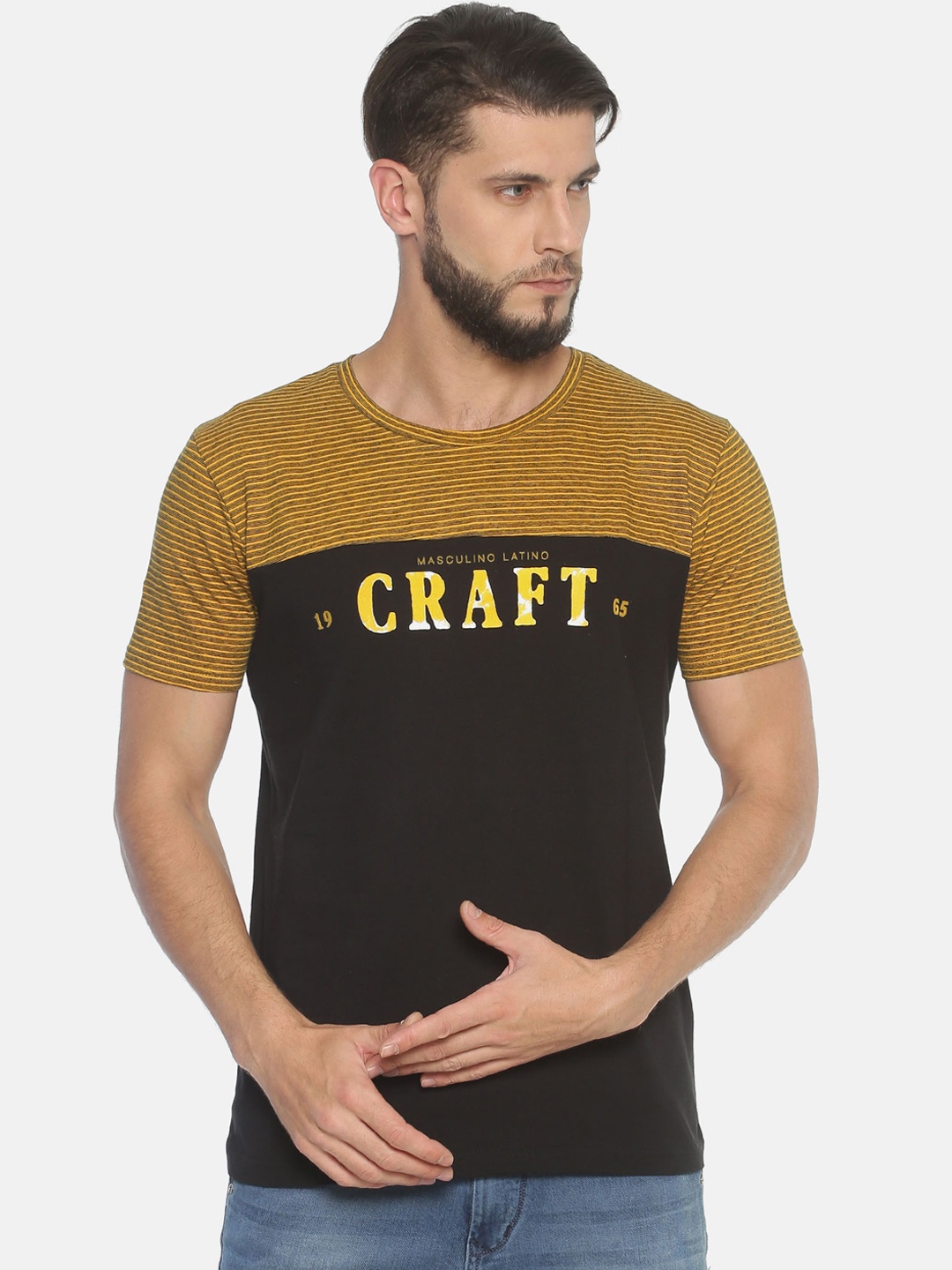 

Masculino Latino Men Brown Mustard Yellow Printed Round Neck Pure Cotton T-shirt