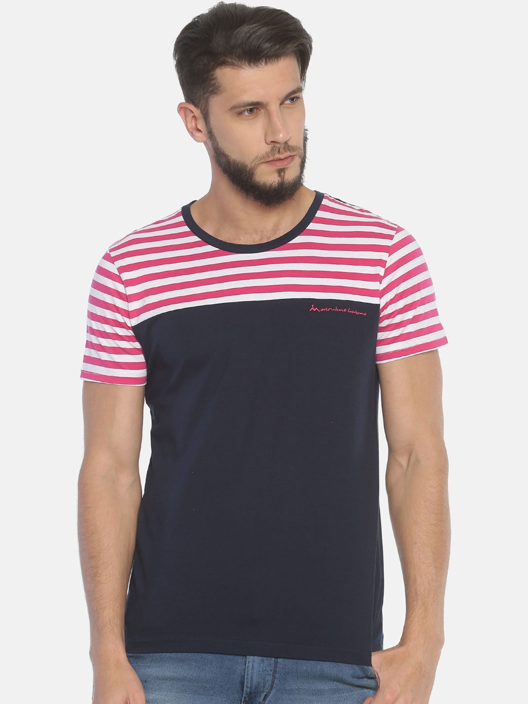 

Masculino Latino Men Navy Blue Pink Colourblocked Round Neck Pure Cotton T-shirt