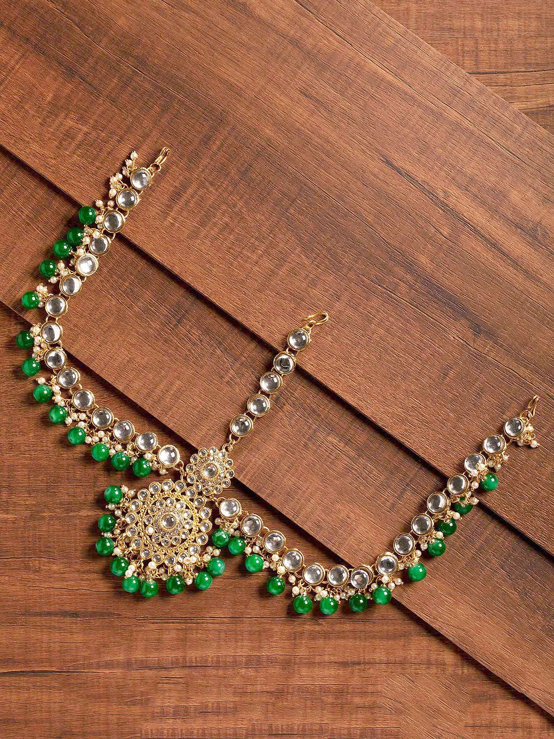 

Zaveri Pearls Gold-Plated White & Green Kundan Studded & Beaded Bridal Matha Patti
