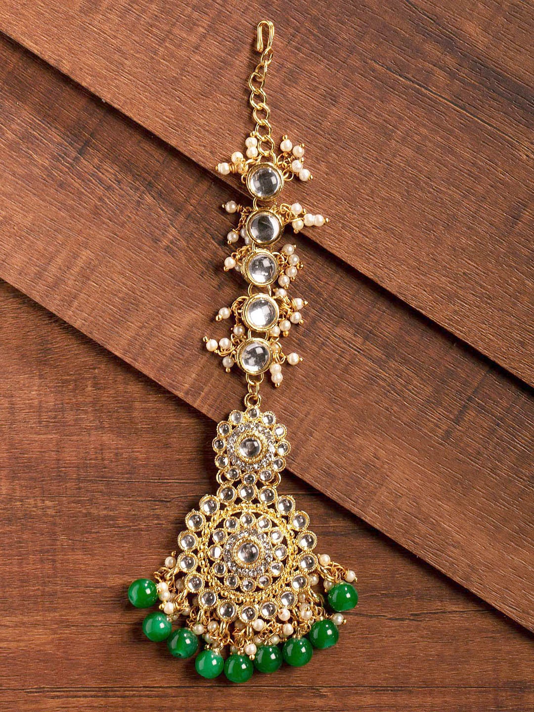 

Zaveri Pearls Gold-Plated White & Green Kundan Studded Beaded Bridal Manag Tikka