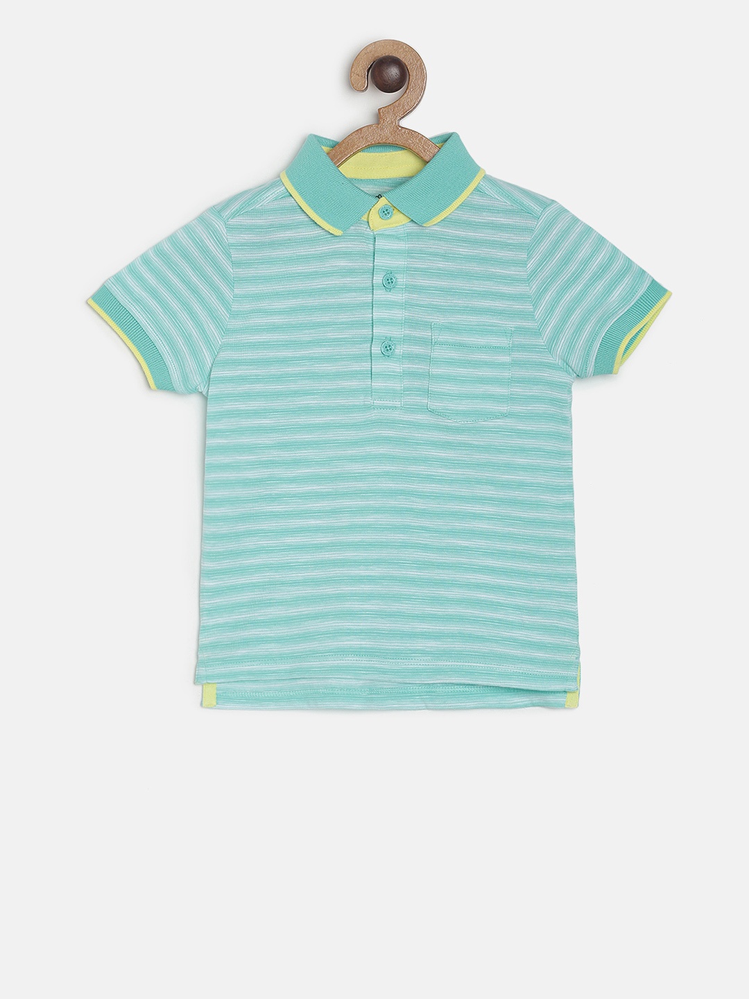 

MINI KLUB Boys Green Striped Polo Collar Pure Cotton T-shirt