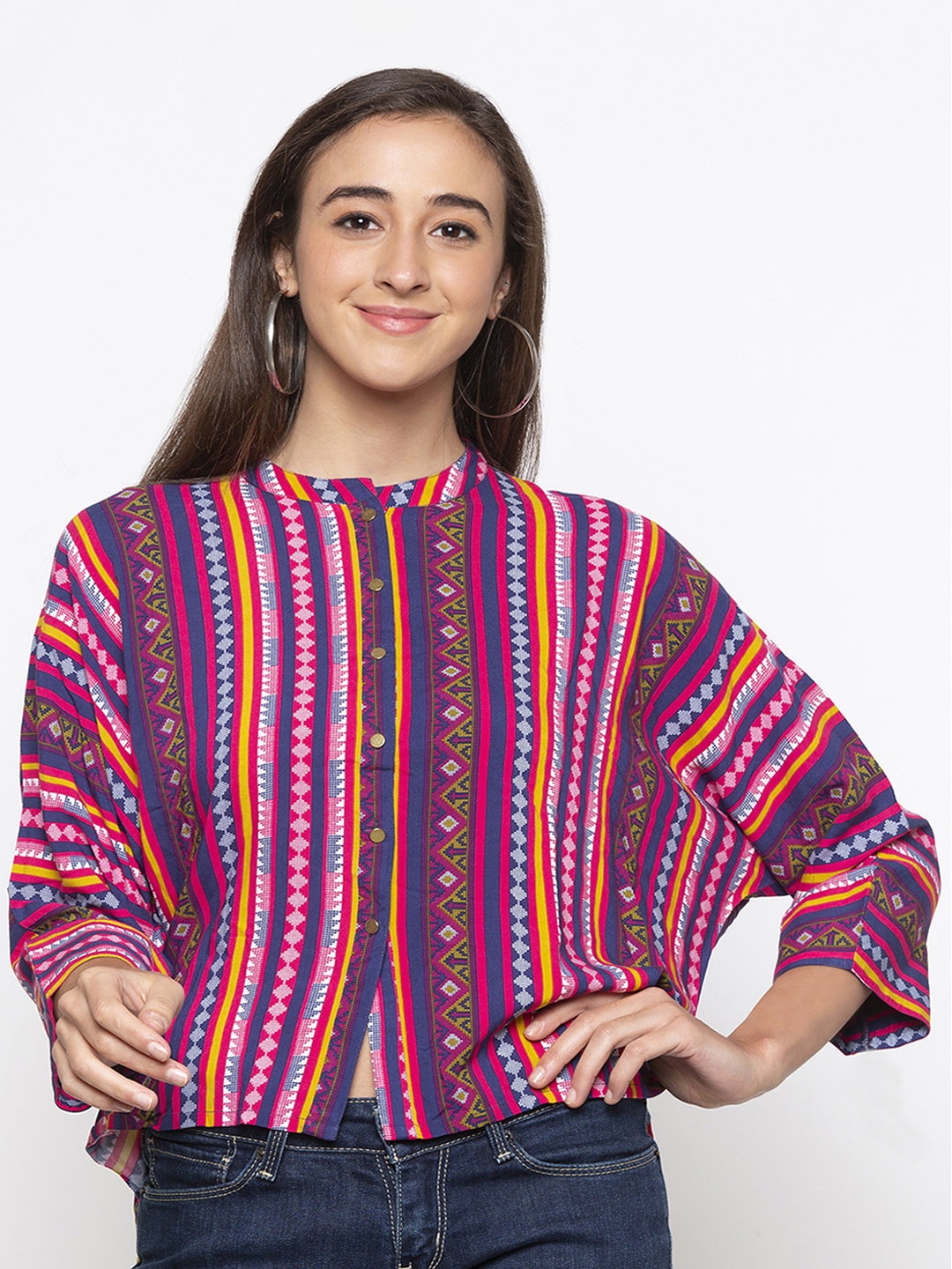 

Globus Women Multicoloured Striped High-Low Pure Cotton Top, Multi