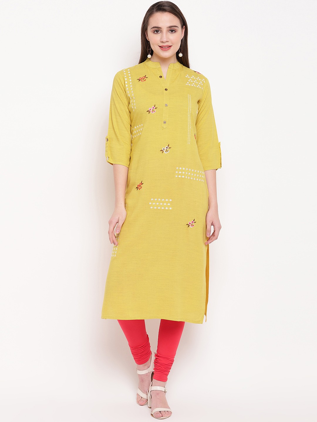 

Vbuyz Women Yellow Embroidered Straight Kurta