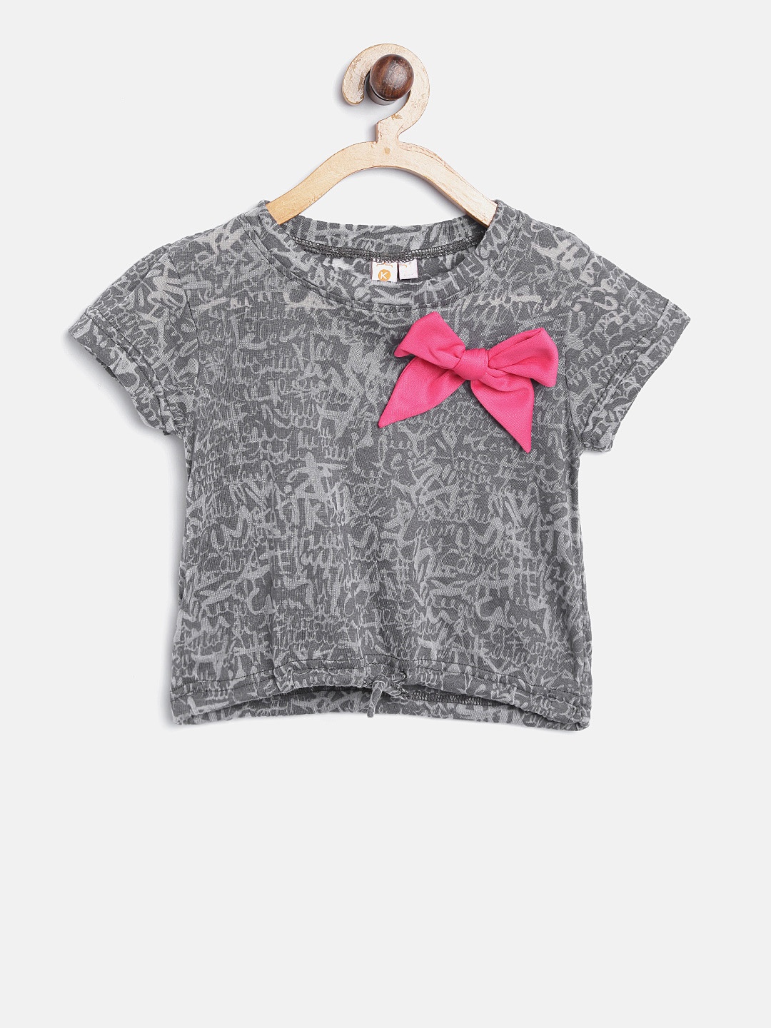 

Kids On Board Girls Grey & Pink Printed Pure Cotton Top With Bow