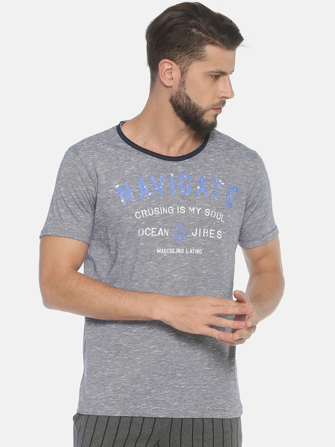 

Masculino Latino Men Grey Melange Printed Round Neck Pure Cotton T-shirt
