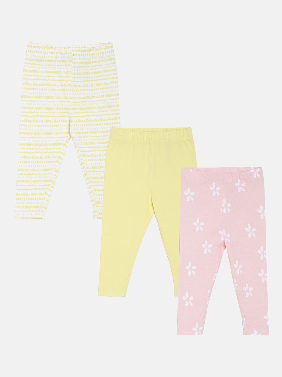 

MINI KLUB Girls Pack of 3 Pink & Yellow Printed Ankle-Length Leggings, White