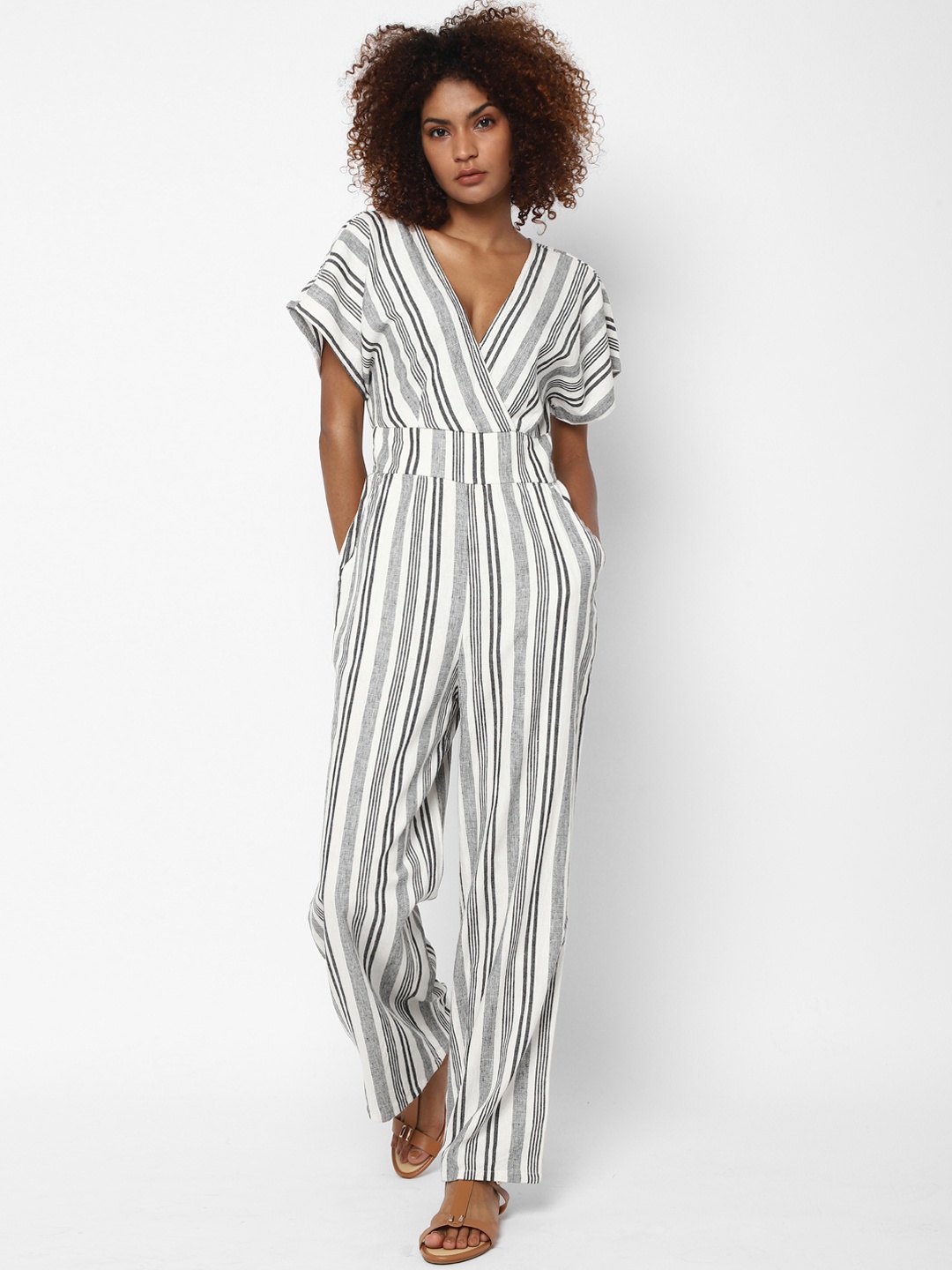 

AMERICAN EAGLE OUTFITTERS Women White and Grey Striped Basic Jumpsuit