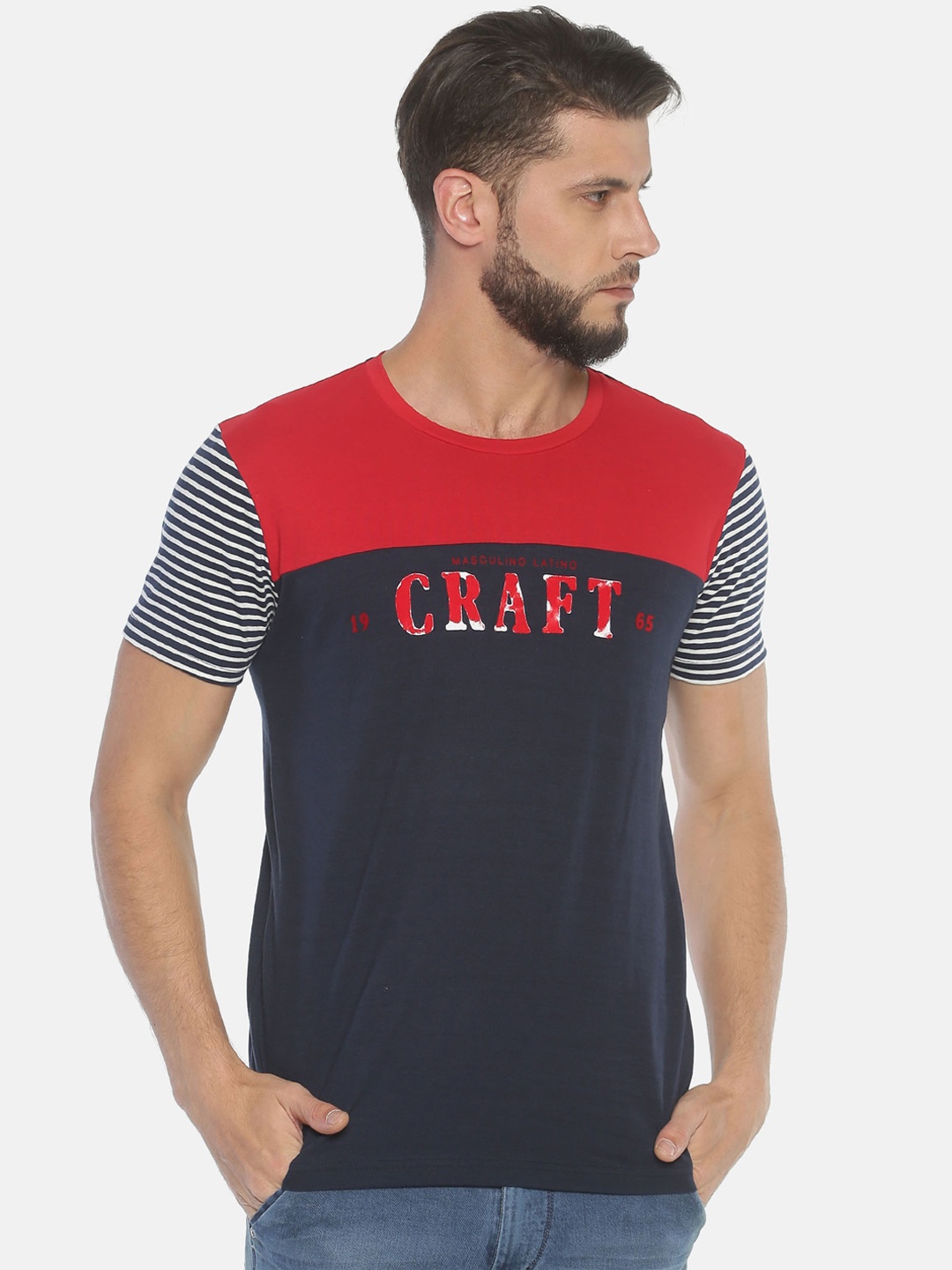 

Masculino Latino Men Navy Blue Red Colourblocked Round Neck Pure Cotton T-shirt