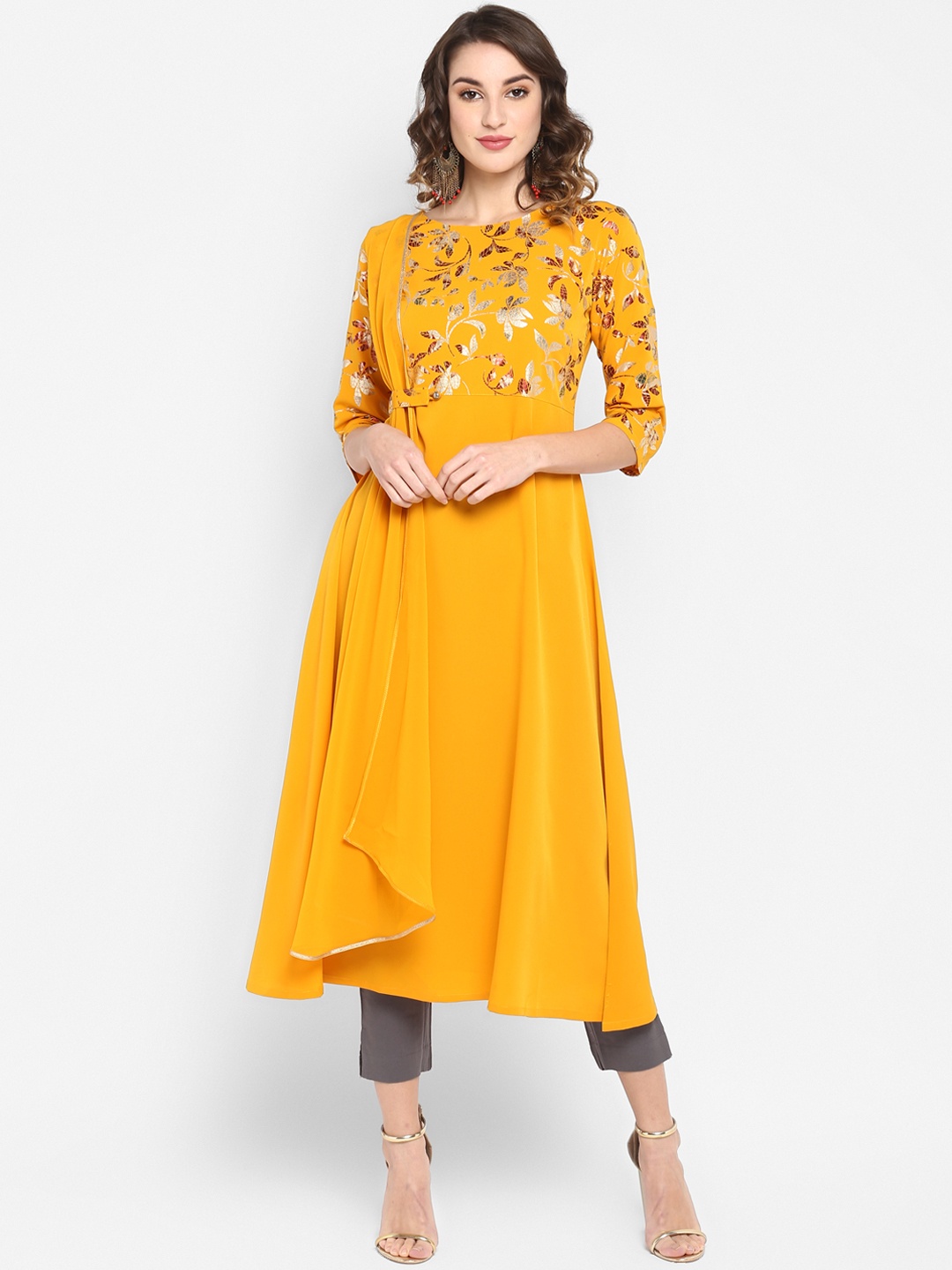 

Janasya Women Mustard Yellow Foil Printed A-Line Kurta