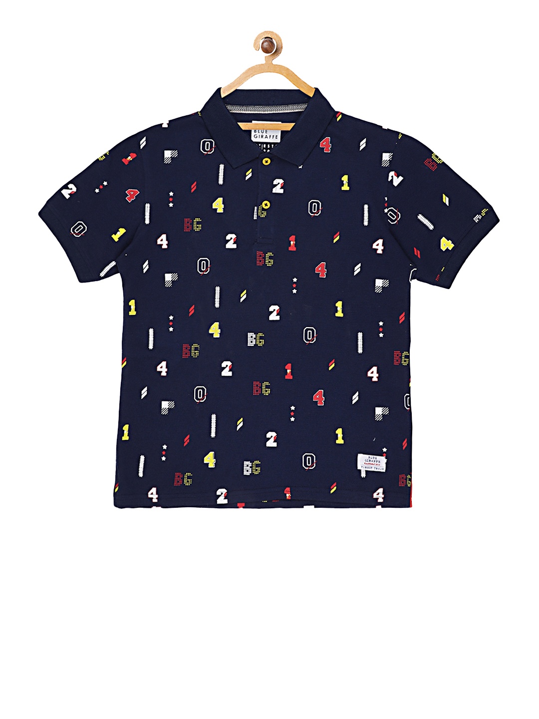 Blue Giraffe Boys Navy Blue Printed Polo Collar Pure Cotton T-shirt
