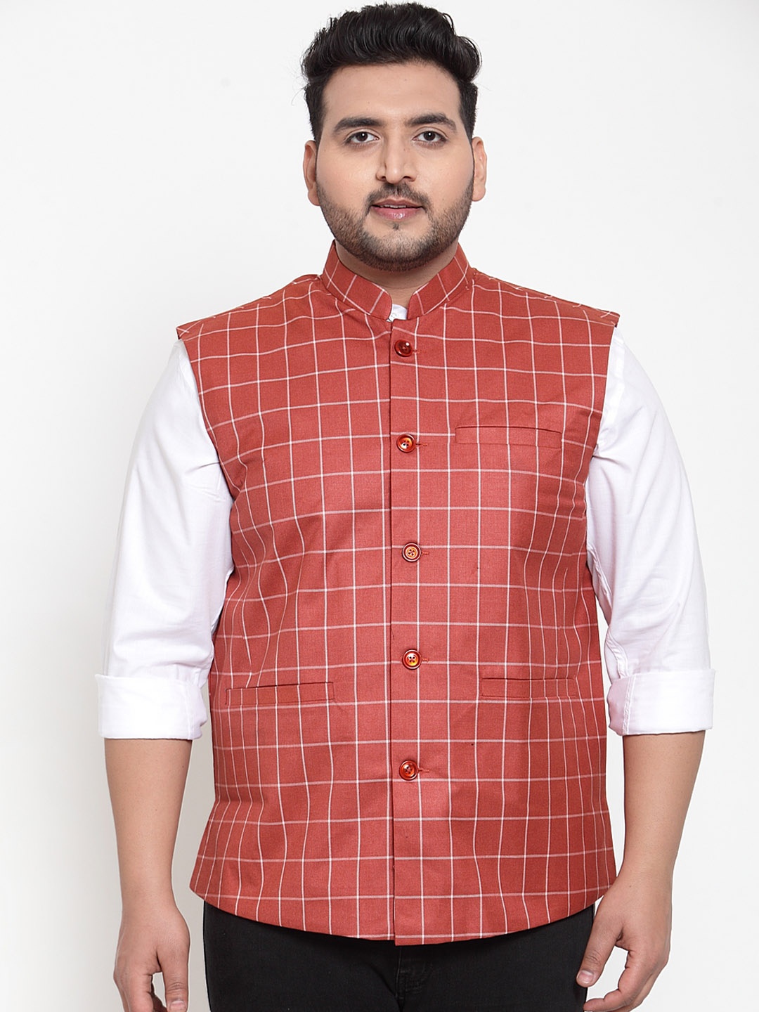 

plusS Men Orange & White Checked Waistcoat