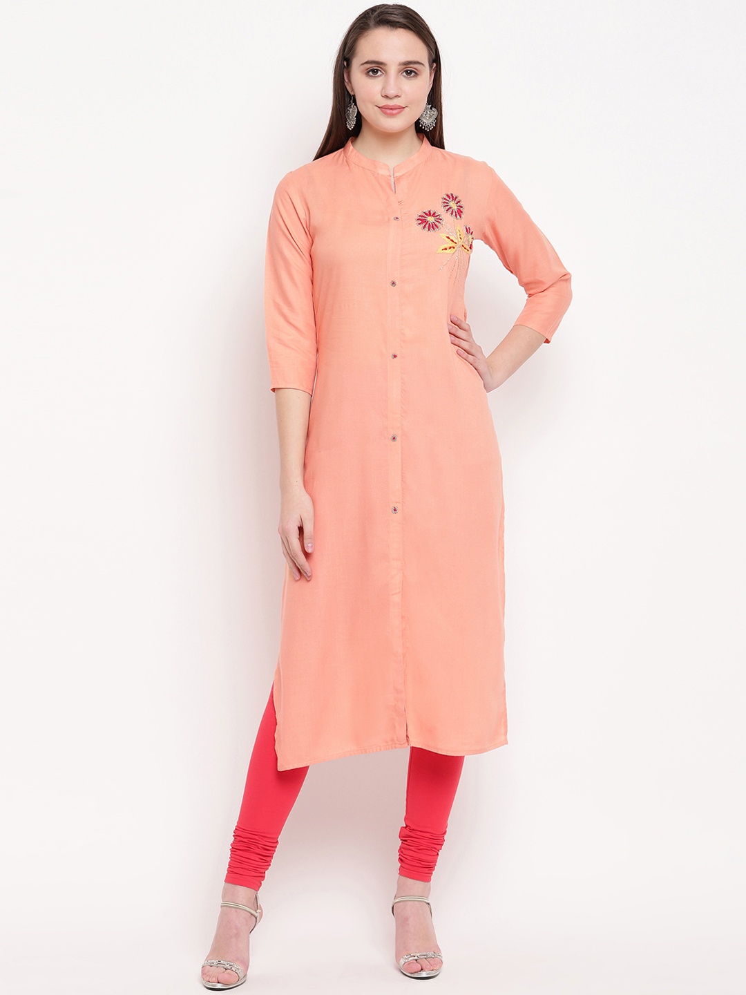 

Vbuyz Women Peach-Coloured Embroidered Straight Kurta