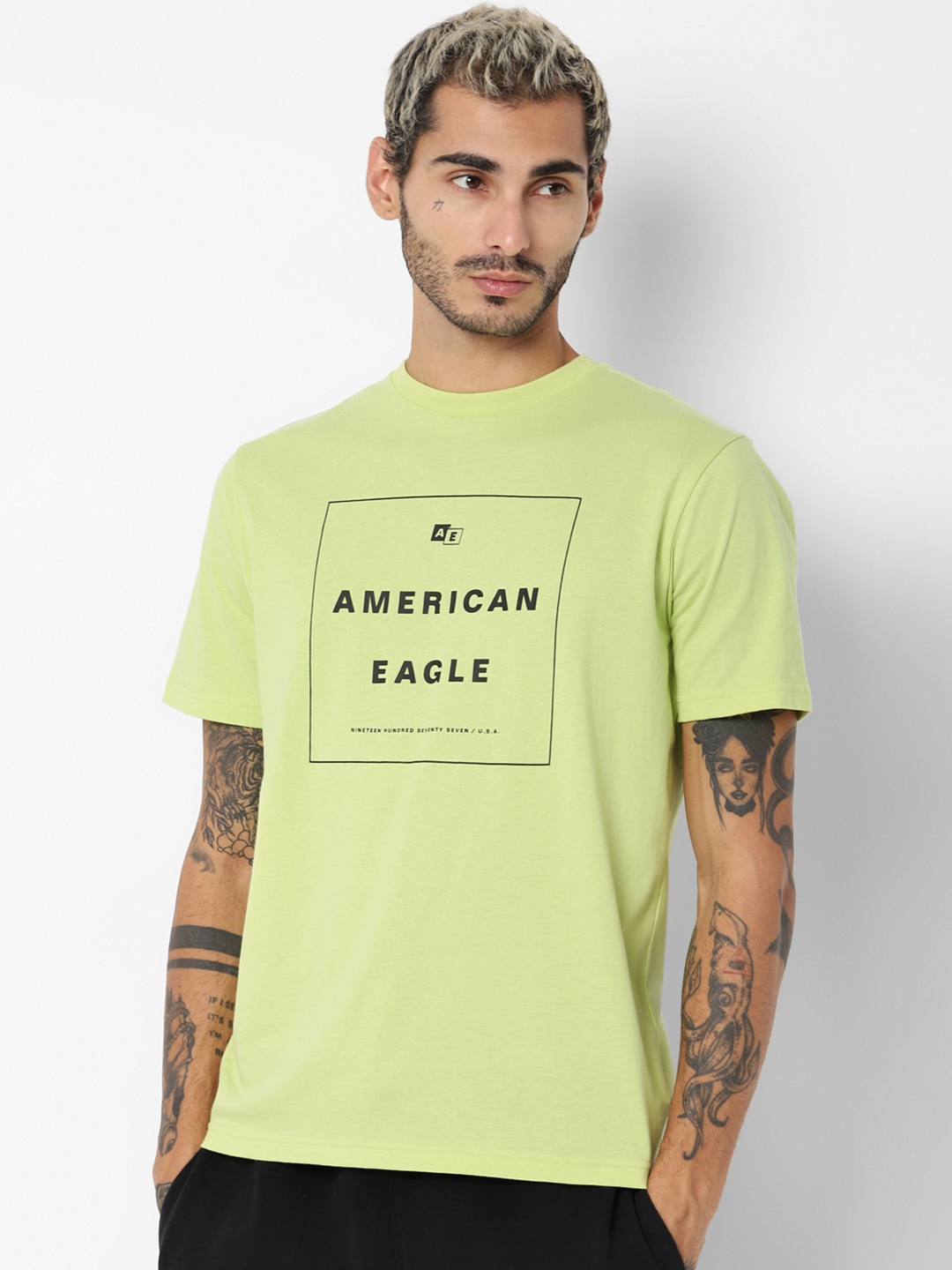AMERICAN EAGLE OUTFITTERS Men Yellow Printed Round Neck Pure Cotton T-shirt