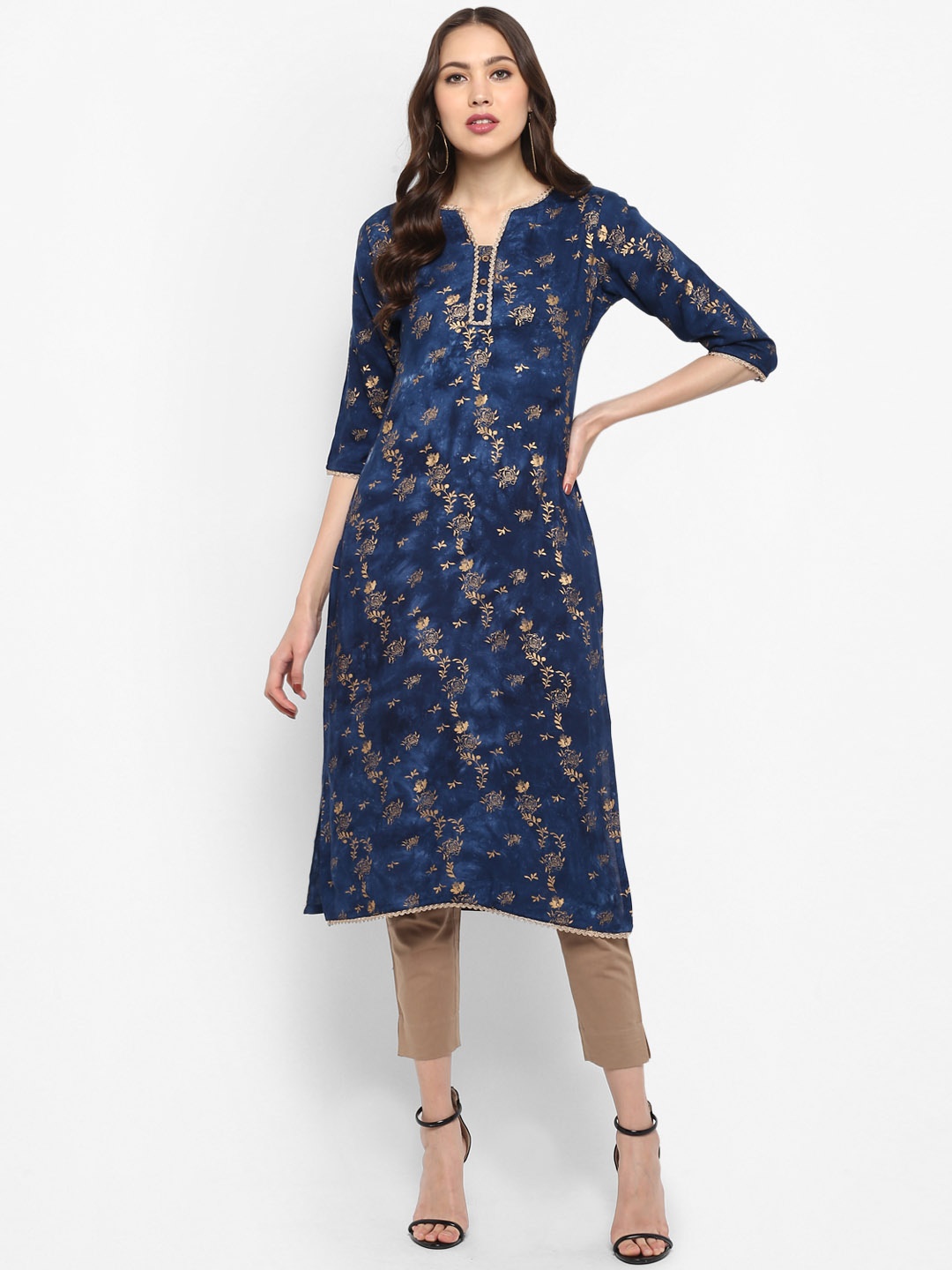 

Janasya Women Blue & Gold-Toned Printed Kurta with Trousers
