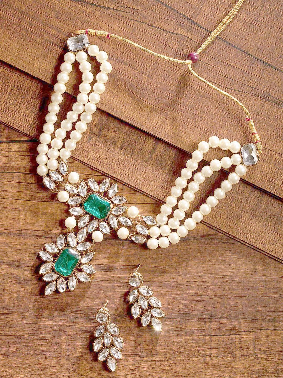

Zaveri Pearls White & Green Crystal Shine Stones & Pearls Multistrand Necklace & Earring Set, Gold