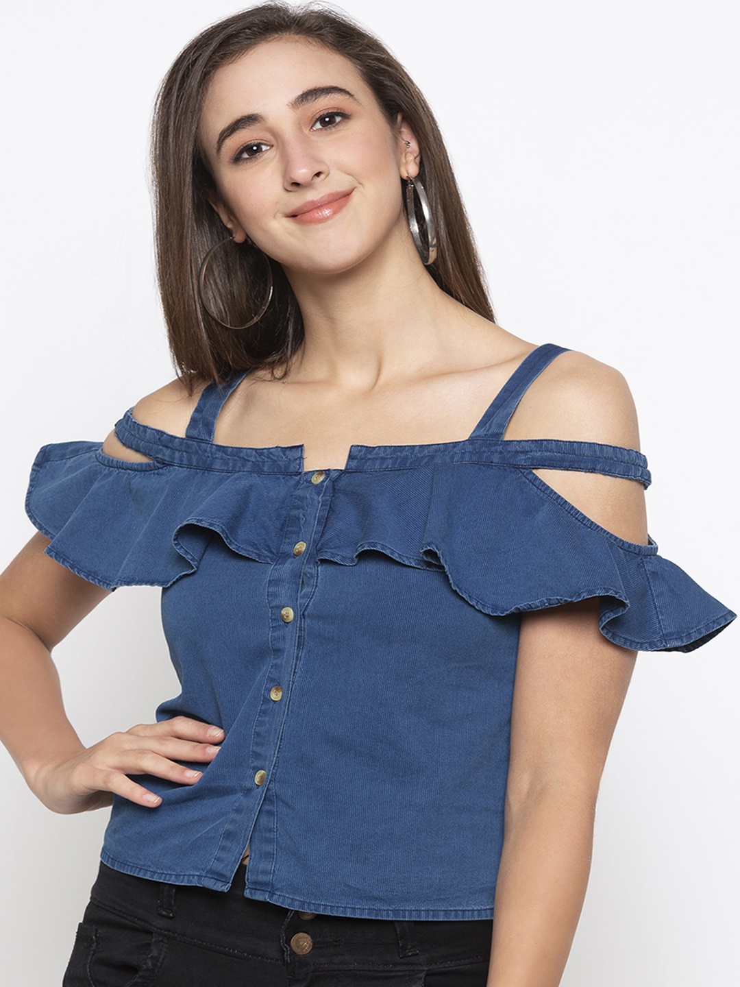 

Globus Women Blue Solid Ruffle Pure Cotton Top