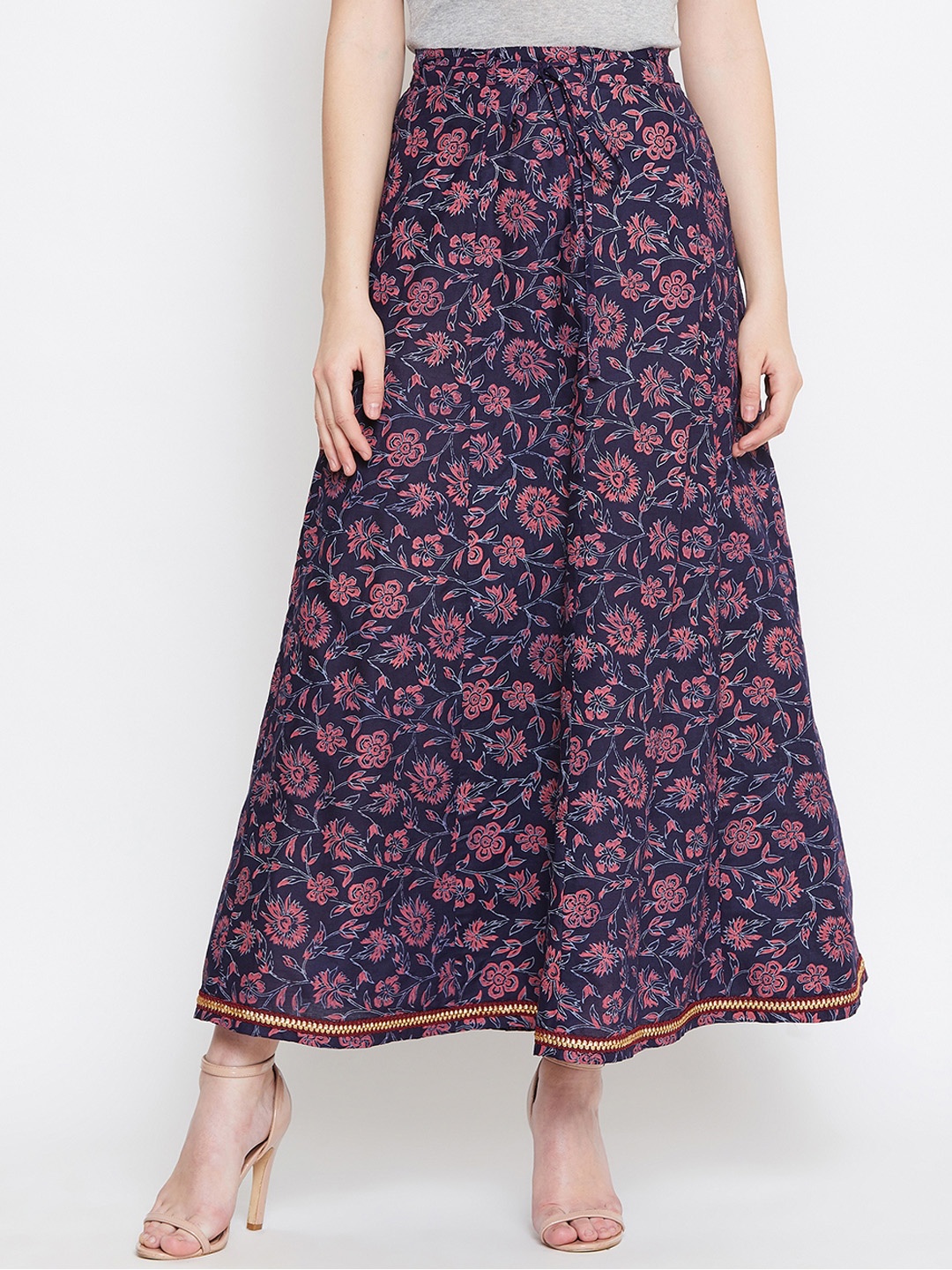 

Tulsattva Women Navy Blue & Pink Printed Flared Maxi Skirt