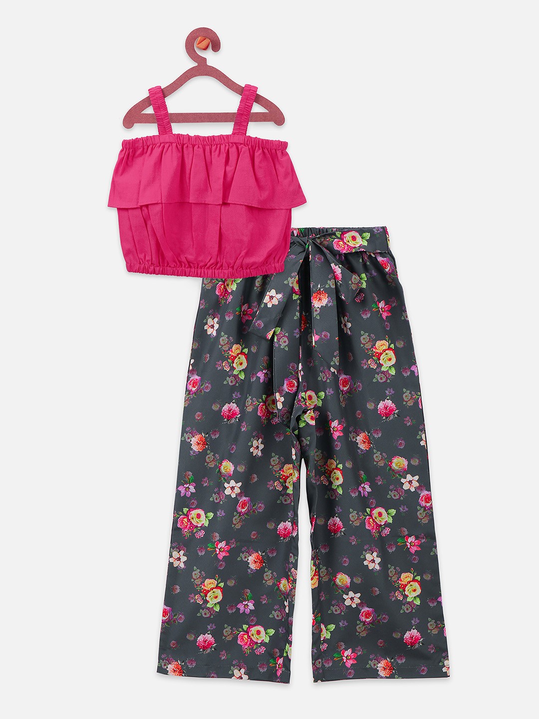 

LilPicks Girls Pink & Grey Solid Top with Palazzos