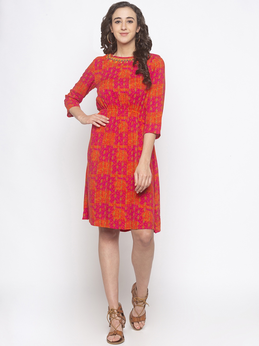 

Globus Women Pink & Orange Printed Fit and Flare Dress