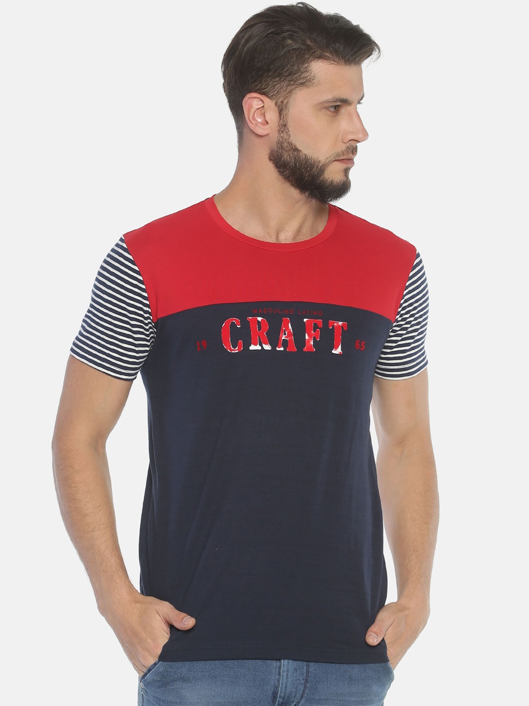 

Masculino Latino Men Navy Blue Red Colourblocked Round Neck Pure Cotton T-shirt