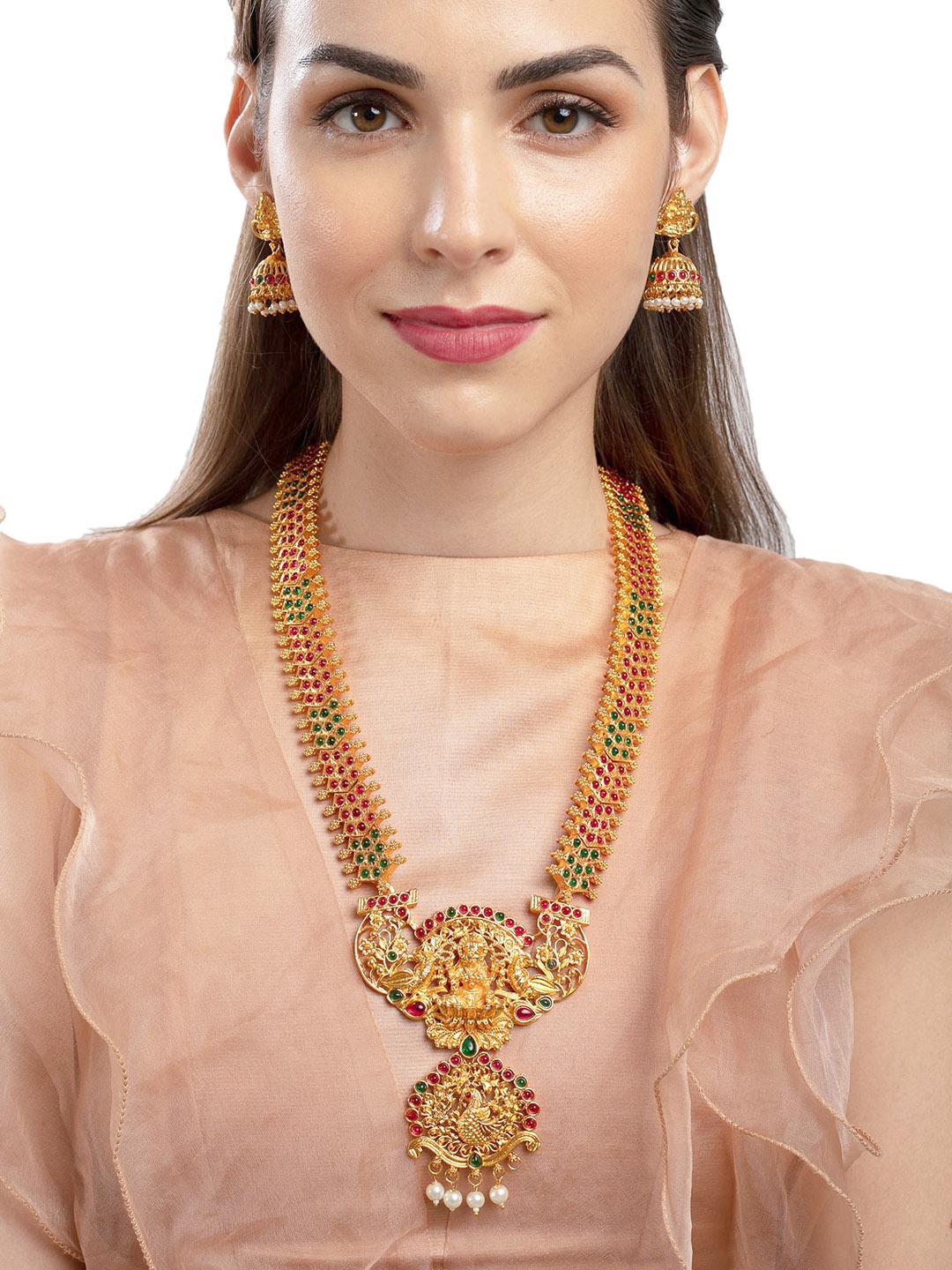 

Zaveri Pearls Gold-Plated Red & Green Stone-Studded Goddess Laxmi Temple Jewellery Set