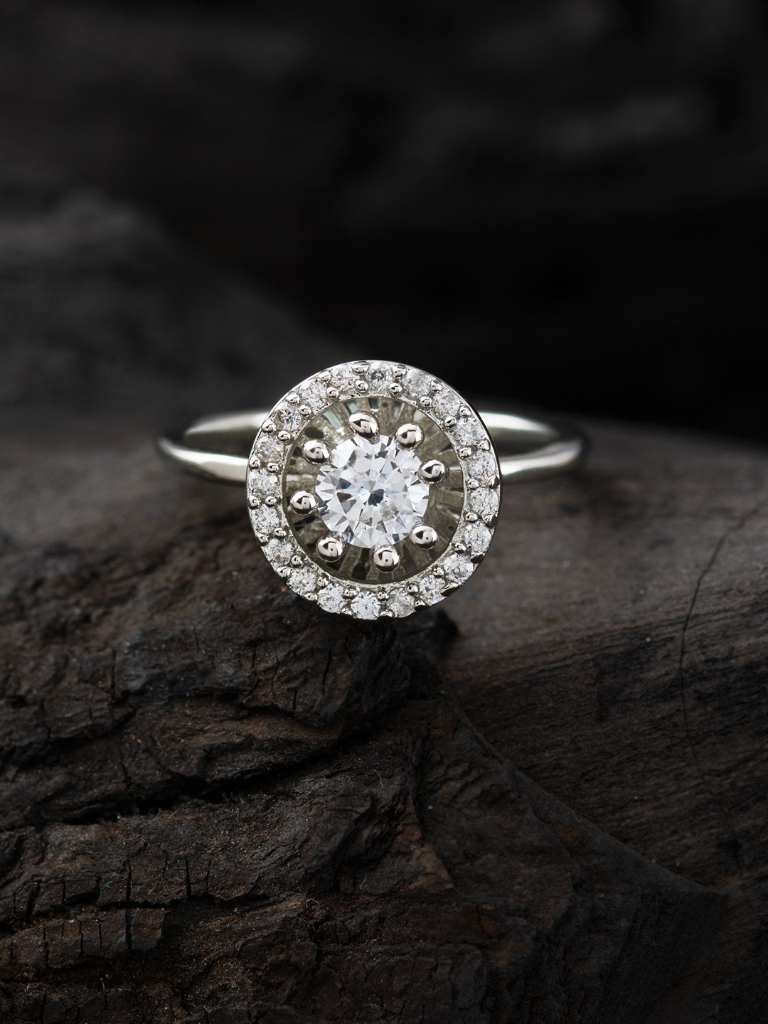 

E2O Silver-Toned & White Rhodium-Plated Stone-Studded Finger Ring