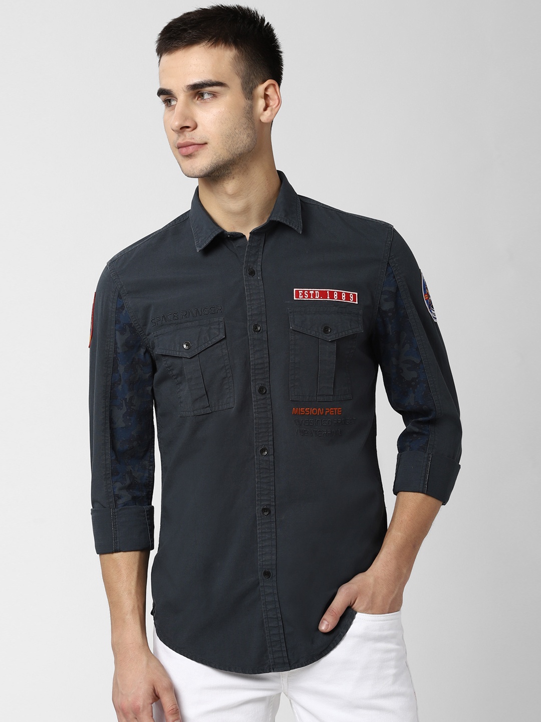 Peter England Casuals Men Navy Blue Slim Fit Printed Casual Shirt