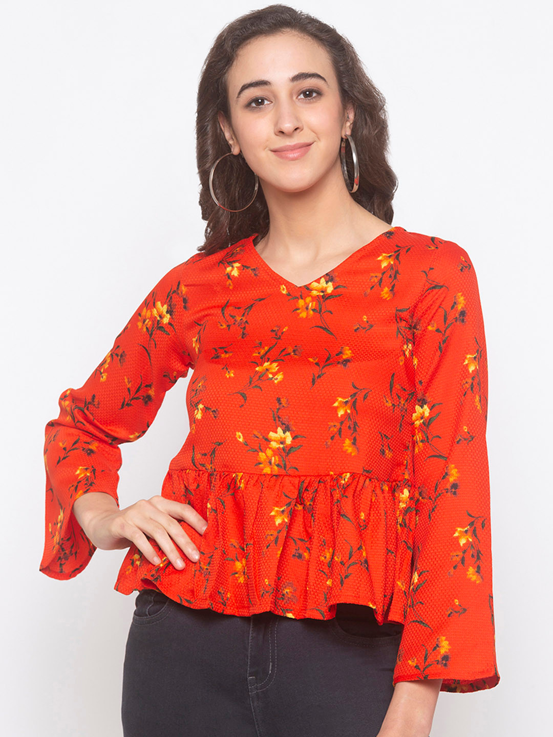 

Globus Women Orange & Yellow Printed Peplum Top