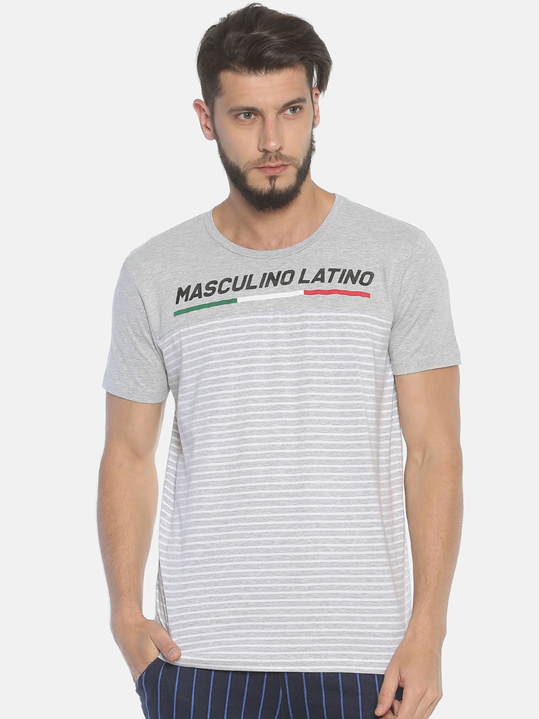 

Masculino Latino Men Grey Melange White Striped Round Neck Pure Cotton T-shirt