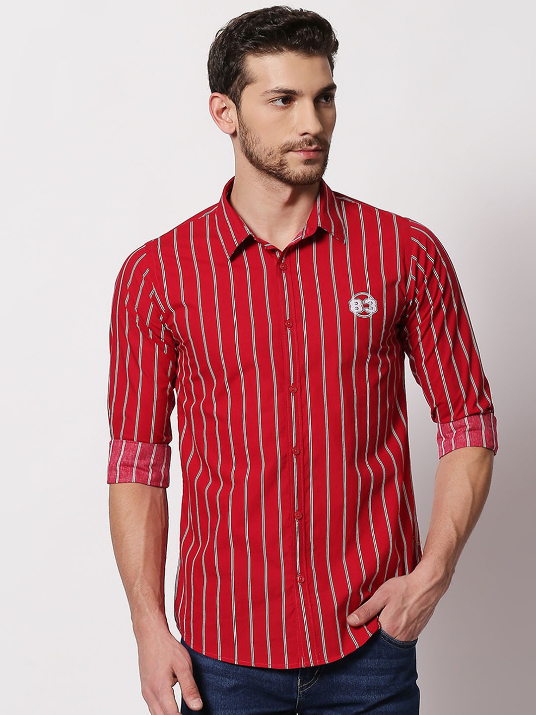 

SPYKAR Men Red & White Regular Fit Striped Casual Shirt