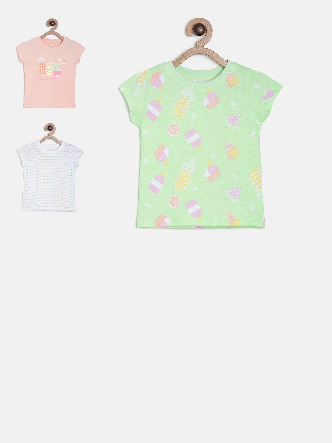 

MINI KLUB Girls Pack Of 3 Printed Pure Cotton Tops, Green