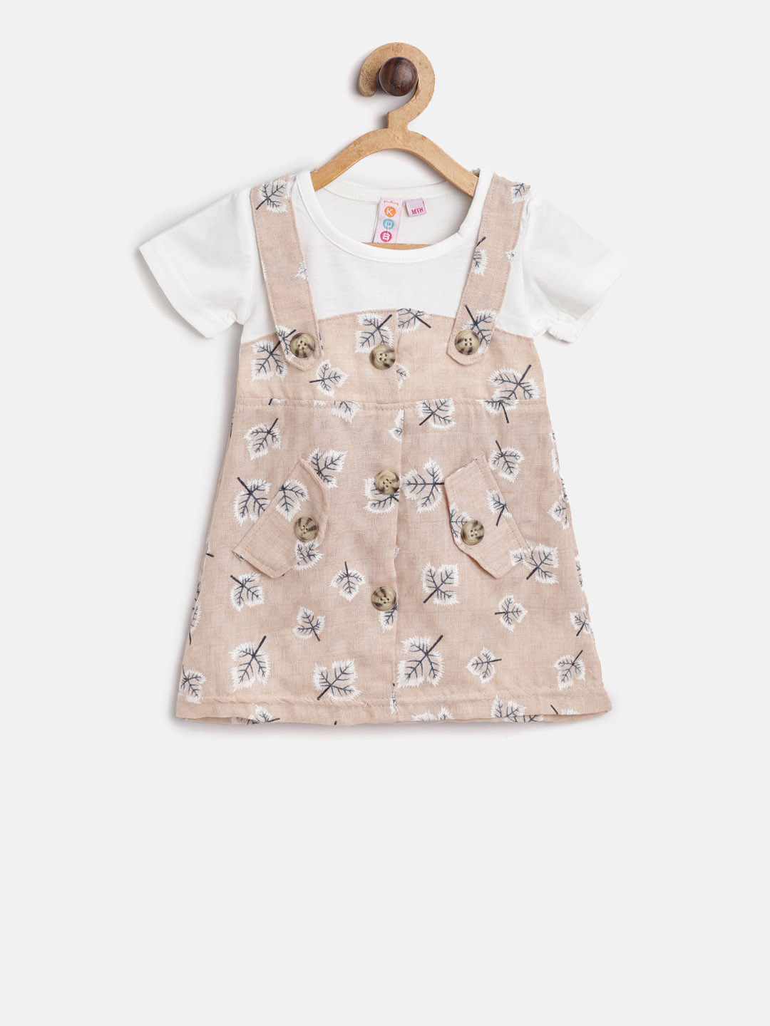 

Kids On Board Girls Beige & White Printed Pinafore Dress