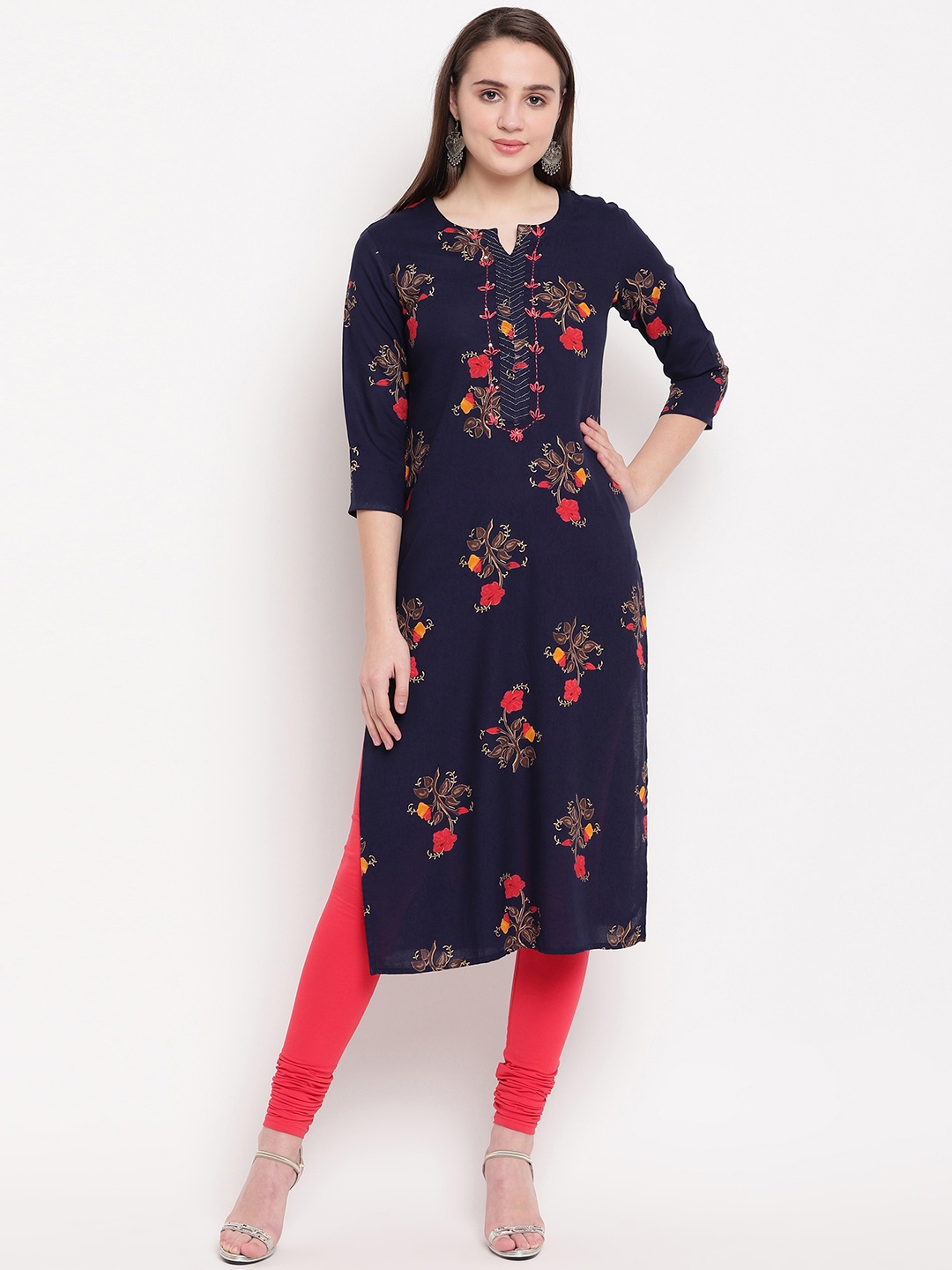 Vbuyz Women Blue & Red Printed Straight Kurta