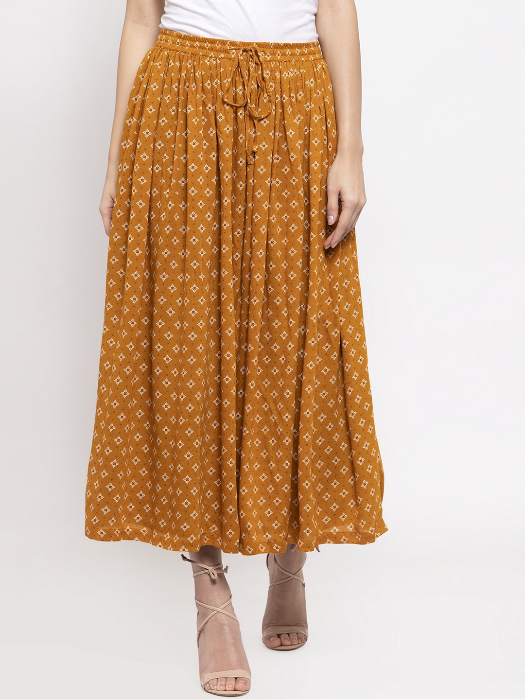 

Ayaany Women Mustard Yellow Printed Flared Maxi Skirt