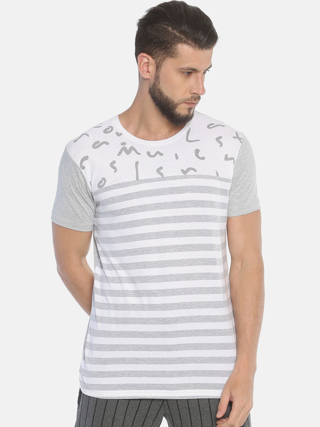

Masculino Latino Men White Grey Melange Striped Round Neck Pure Cotton T-shirt