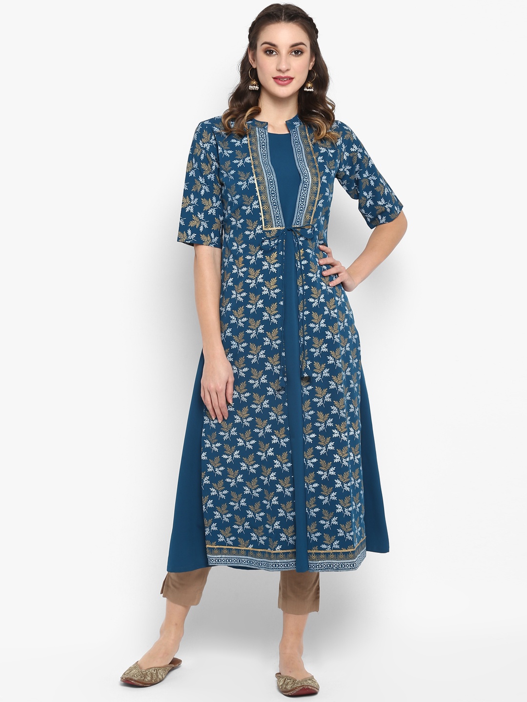 

Janasya Women Blue & Gold-Toned Printed A-Line Kurta